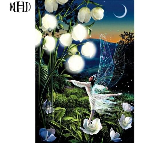 MHD Diamond Embroidery Flowers Girl Full & Round Rhinestone Marseille Diamond Cross Stitch Night Landscape Crystal Decoration