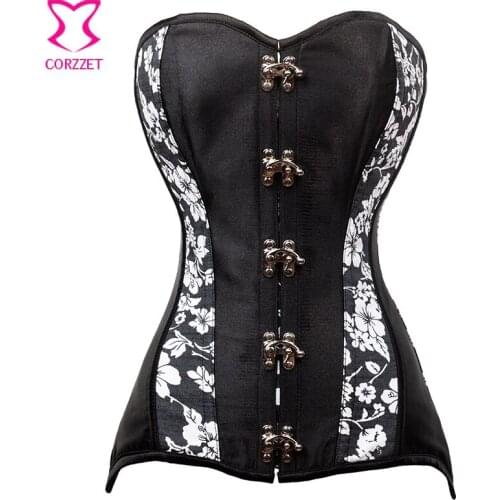 White Floral Print Black Corsetto Steampunk Korsett For Women Sexy Gothic Lingerie Bustiers Espartilhos Corset Corselet Overbust