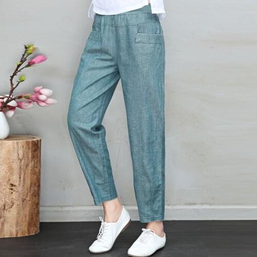 Fall Spring Womens Stretchy High Waisted Grey Green Striped Ankle Length Linen Pants , Woman Korean 4xl Harem Trousers