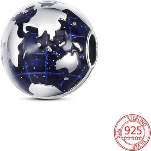 New 925 Sterling Silver Blue Globe Positioning Button Charm Bead DIY Fashion Jewelry Fit Original Pandora Bracelet Bangle Making