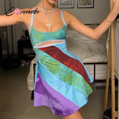 Conmoto Summer Spaghetti Strap Women Dresses Club Sexy Striped Stitching Mini Dress Party Bodycon Y2K Sleeveless Vestidos 2021