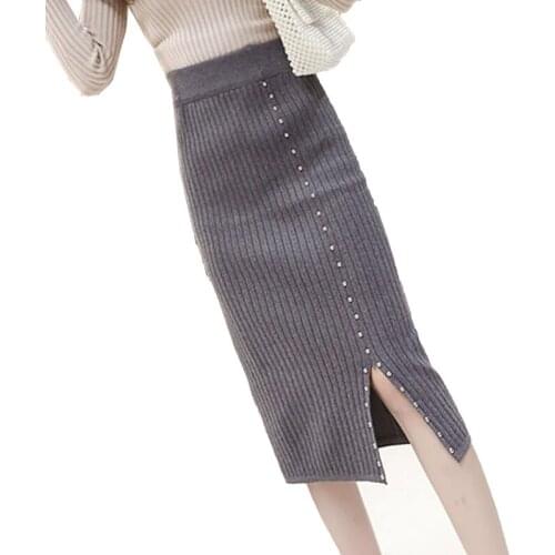 Elegant Women Office Pencil Skirts High Waist Stretch Ribbed Knitted Skirt 2020 Autumn Winter Warm Split Midi Long Skirt