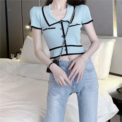 Women Contrast Color Knitted Slim T-shirts Summer Female Retro Lapels Personalized Button Crop Tops Sexy Casual Streetwear Lady