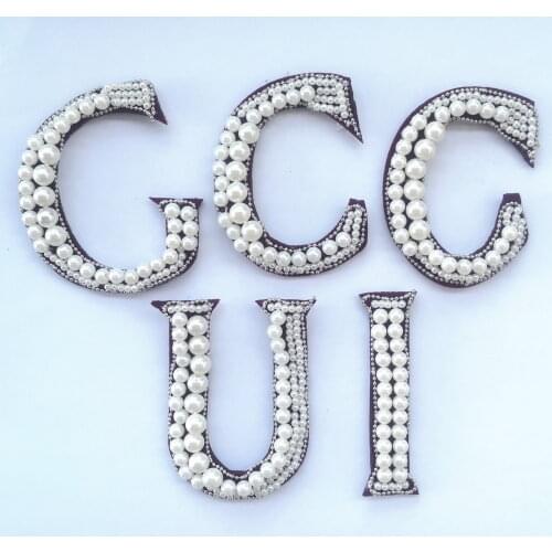 GUGUTREE embroidery letter patch,embroidered sequined pearl letters patches,beads badges appliques for clothing FD-34