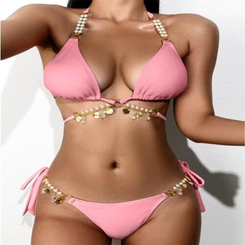 2 Pcs Womans Bikini Swimwear Set Sexy Halter Pearl Crystal Pendant Lace-up Bra Solid Color Elastic Panties Women Sexy Swimwears