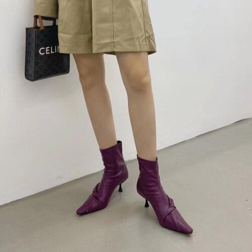 Fashion Women Sock Boots Pointed Toe Bow Design Black Purple Thin High Heels Back Zipper Short Ankle Booties Autumn Spring Boots