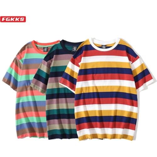 FGKKS Men T Shirts Stripe Print High Quality Mens Brand Casual Short Sleeve Top Oversize Harajuku Male T-Shirt