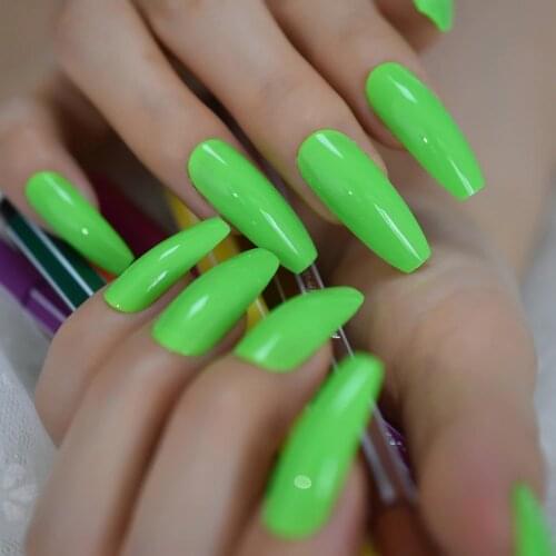 NEON Nails Wonderful Summer Green False Nails Bright Color Beautiful Extra Long Coffin Press on Nail with Adhesive Glue Sticker