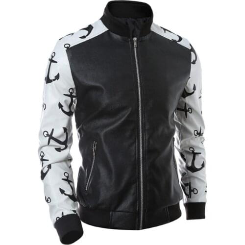 New Motorcycle Leather Jacket Men Fashion Patchwork Design Printed Leather Jacket Male PU Zipper Overcoat Jaqueta De Couro