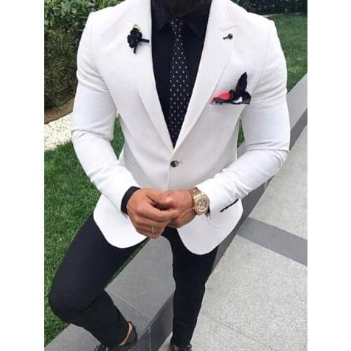 ANNIEBRITNEY White 2 Piece Slim Fit Men Suit With Black Pants Tailor Made Skinny Groom Wedding Tuxedo Prom Wedding Men Suit Set