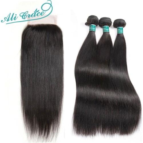 Ali Grace Straight Hair Bundles With Closure 4x4 Closure with Bundles Brazilian 28 inch Human Hair Bundles with HD Lace Closure