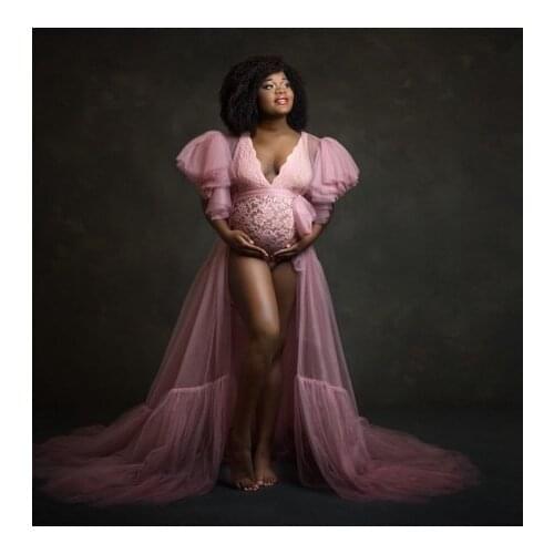 2021 Pink Tulle Maternity Robes Custom Made Ruffles Floor Length Short Sleeves Sheer Tulle Pregnancy Gown For Photography Shoot