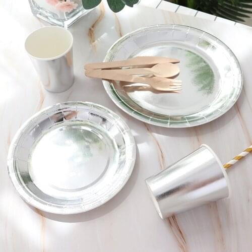 Silver tableware disposable tableware set banquet table decoration paper cup dinner plate straw wedding birthday party supplies