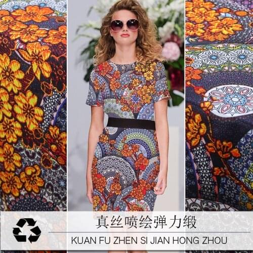 Customized Mandolin retro silk stretch satin fabric digital printing silk dress shirt fabric summer silk fashion design fabric