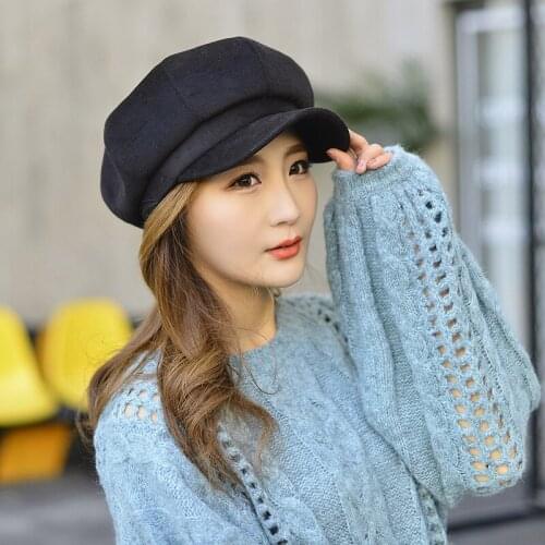 Wool Women Beret Autumn Winter Octagonal Cap Hats Stylish Artist Painter Newsboy Caps Black Grey Beret Hats
