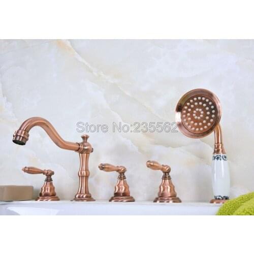Antique Red Copper Deck 5 Holes Bathtub Mixer Faucet Handheld Shower Widespread Bathroom Faucet Set Water Tap Lna229