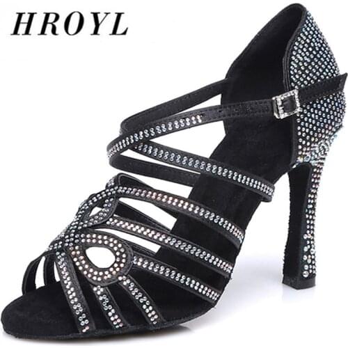 HROYL Women Latin dance shoes Female Girl Ladies tango Ballroom sandal salsa samba Rhinestone Sexy Party Heeled 5/6/7.5/8.5/9/1