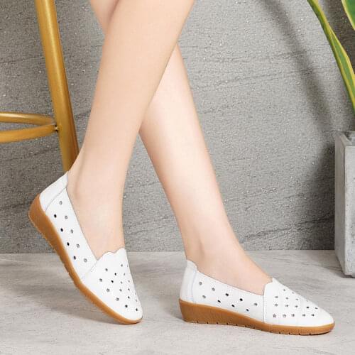 Breathable Flats Female Shoes Summer 2021 New Arrival Genuine Leather Flats Woman Leather Loafers Mom Casual Shoes