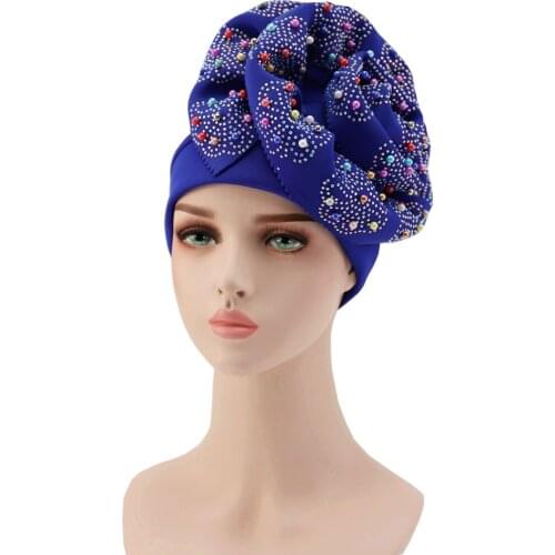 New arrival royal blue african gele aso oke headtie with stones and beads turban headtie wrapper 001 for wedding