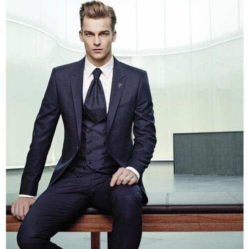 High Quality One Button Navy Blue Groom Tuxedos Peak Lapel Groomsmen Mens Wedding Prom Suits (Jacket+Pants+Vest+Tie) NO:68