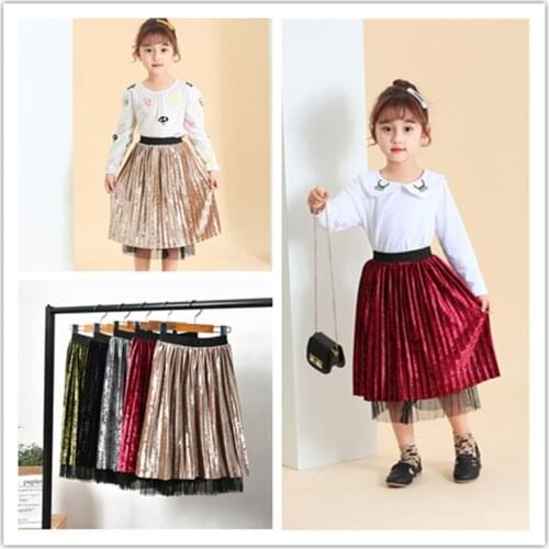 2-9 Years Kids Skirts High Quality Gold Velvet Pleated Skirt For Girl Fashion Mesh Wear Both Sides Skirt 2020 New Spring Summer