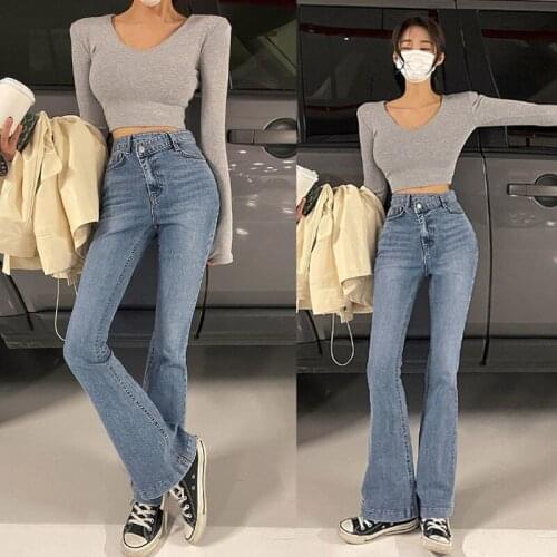 Irregular oblique button jeans womens thin flared pants wide-leg trousers 2021 summer Korean fashion women xs jeans