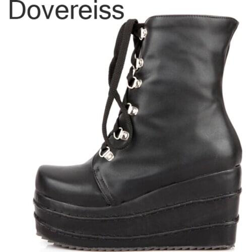 Winter ankle platform shoes for woman new fashion Round toe Pure color consice Zipper Cross tied platform shoes Short boots