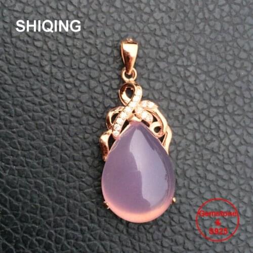SHIQING Nature genuine chalcedony water drop shaped classical sterling silver luxury necklace for women girls 13*18mm