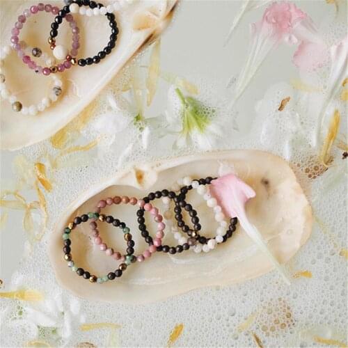 Bohemian Fashion Vintage Simple Elegant Handmade Natural Stone Rings Women with Stainless Steel Bead Multi Color Ring Adjustable