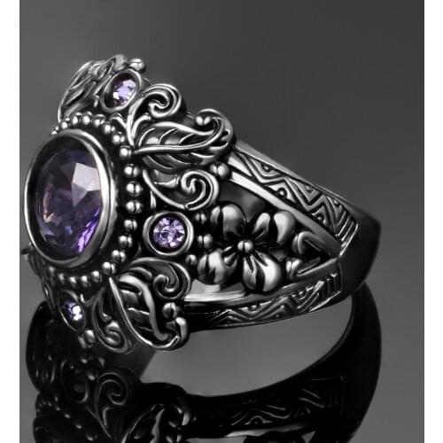925 Sterling Silver Ring Round 8MM Vintage Tree Leaf Flower Ring for Women Purple Stone Gemstone Anniversary Rings
