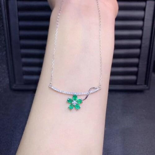 Fashion Row Flower Natural green emerald gem Necklace Natural gemstone Pendant Necklace S925 sliver women party gift Jewelry