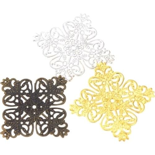 Free shipping 10Pcs Bronze/Silver/Gold Metal Square Flower Filigree Wraps Connectors Metal Craft Decoration DIY Findings 56*56mm