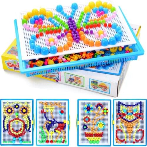 296Pcs DIY Mushroom Nail Puzzle Jigsaw Board Game Handmade Educational Toys For Children Kid Colorful Button Building Board Gift
