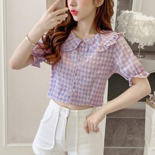 Summer Y2k Sexy Korean Kawaii Green Plaid Ruffle Cute Collared Button Up Puff Short Sleeve Blouses Shirts Crop Tops Women 2021