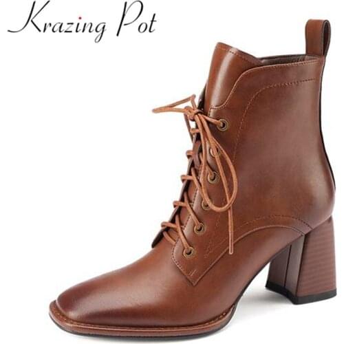 Krazing Pot new cow leather square toe thick high heels superstar modern career boots vintage lace up keep warm ankle boots l8f1