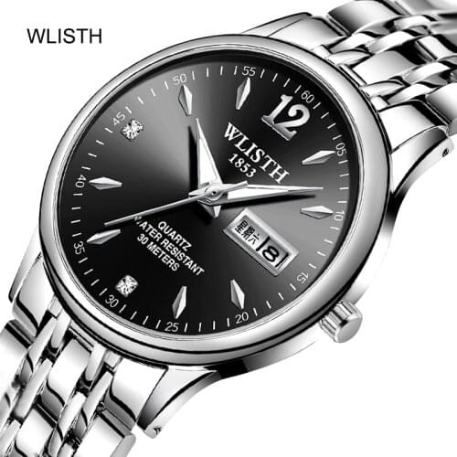 WLISTH brand watch mens steel band double calendar quartz luminous waterproof fashion casual часы мужские наручные смарт женск