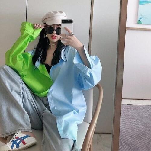 Spring Autumn 2021 Korean Blue and Green Contrast Shirt Turn-down Collar Single-breasted Long-sleeve Women Blouse Blusa Y673
