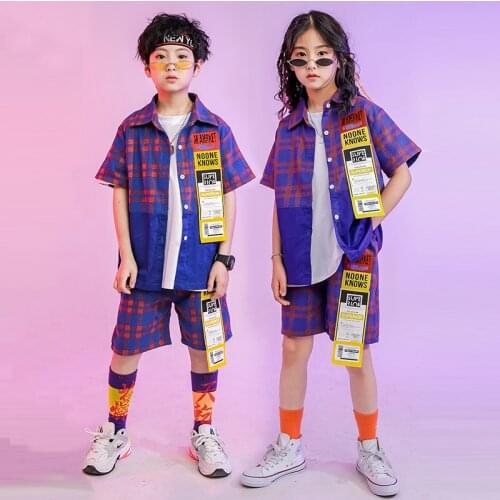 Kids Sets Boys Girls Streetwear Hip Hop Plaid Short Sleeve Shirt Shorts Children Teenagers Tracksuits Stage Dancer Clothing