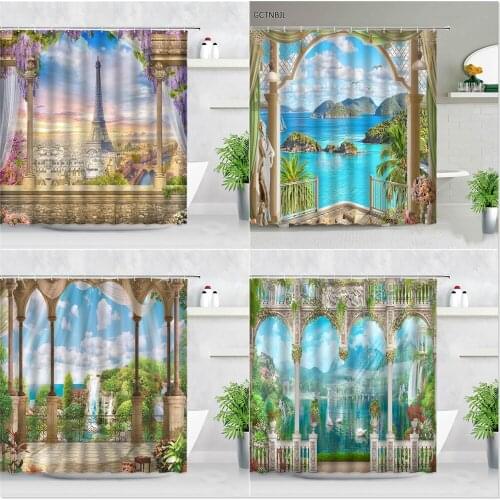 European Landscape Shower Curtains Paris Tower Mediterranean Natural Scenery Backdrop Wall Decor Bathroom Bath Screen With Hooks