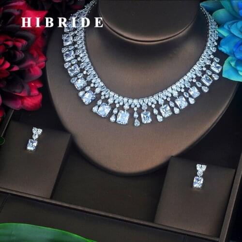 HIBRIDE New Design Square Cubic Zircon Around Necklace Earrings Sets Classic Women Wedding Bridal Jewelry Set For Female N-214