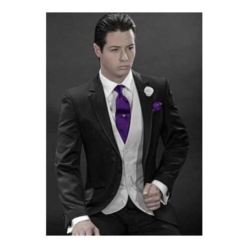 Custom Made Mens Suits Groomsmen Notch Lapel Groom Tuxedos Black Wedding Best Man Suit (Jacket+Pants+Tie+Vest+Hankerchief) A9