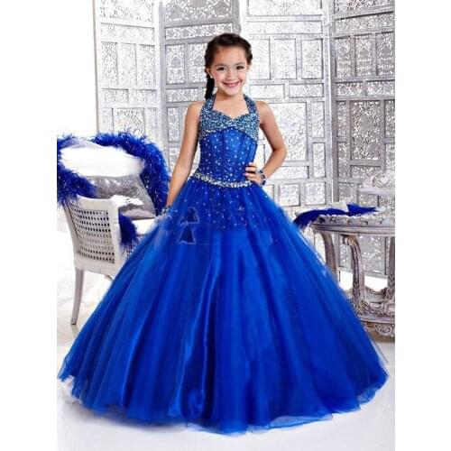 2015 Pageant Dresses for Little Girls Halter Floor Lenght Sleeveless Blue vestidos de primera comunion Plus Size Pageant Gowns