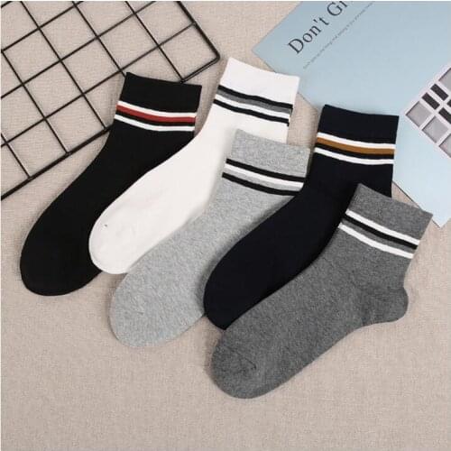 Men Solid Cotton Striped Ankle Socks Black White Grey Navy Charcoal Crew Socks Business Men Winter Thick Short Sock 5 Pairs/lot