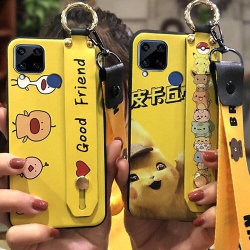 Phone Holder Soft Phone Case For OPPO Realme C15 Lanyard Back Cover For Woman New Cartoon Silicone