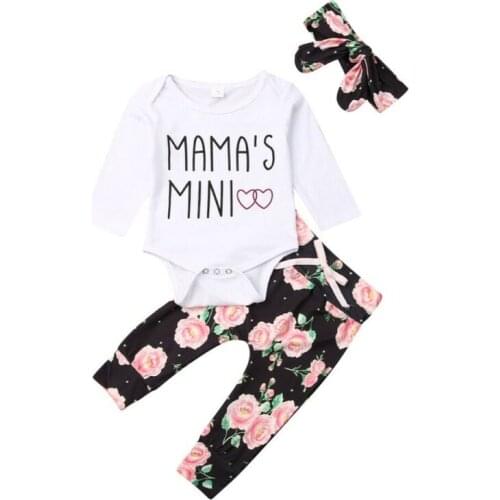 Pudcoco 2019 Baby Girls Clothes Newborn Infant Baby Girl Moms Mini Bodysuit tops Floral Pants Headband 3pcs Casual Clothes Set