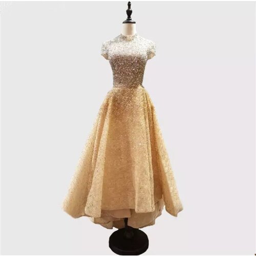 Dubai Luxury Gold Asymmetrical Elegant Evening Dresses 2020 High Neck Beading Sequined Prom Gowns Robe De Noche LE4042