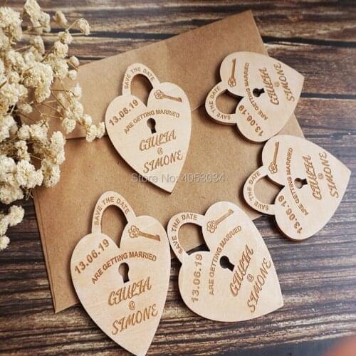 Heart Key Wood Save the Date Magnets - Rustic Wedding Magnets - Wooden Fridge Magnet - Laser Engraved Wood