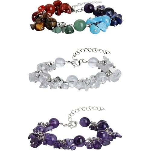 SUNYIK Handmade 7 Chakra Chips Beads Bracelet Healing Crystal Reiki Yoga Jewelry 9.4"