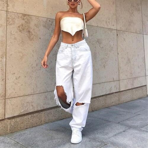 Women White Casual High Waist Jeans Button Elastic Hole Jeans Trousers Loose Denim Pants Pocket Loose Vintage Pants Штаны S-2xl