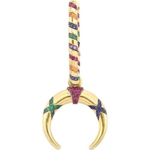 SLJELY 1pc 925 Sterling Silver Yellow Gold Color Single Multicolor Stripes Tribal Crescent Moon Drop Earring Women Mana Jewelry